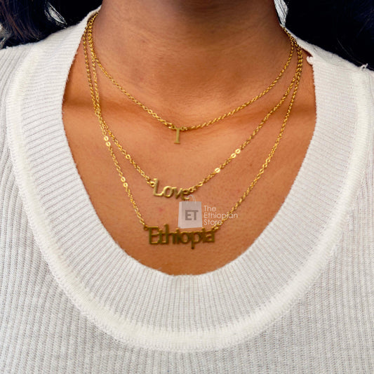 Triple Layer 'I Love Ethiopia' Pendant Necklace in Gold Color