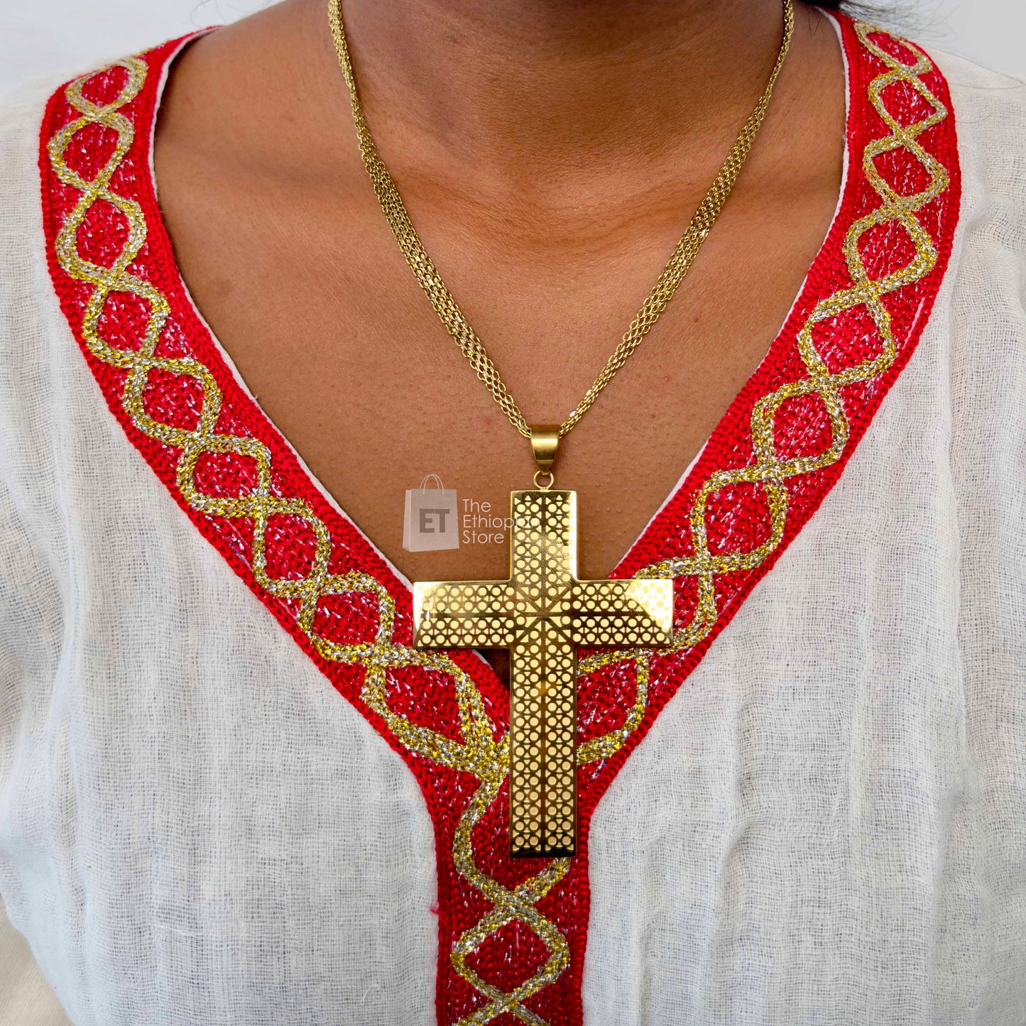 3-Piece Golden Color Habesha Jewelry Set Cross Design Traditional Ethiopian Jewelry Includes Necklace, Earrings and  Ring