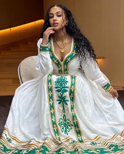 Stylish Habesha Kemis with Green and Gold Embroidery – Eritrean Dress – Eritrean Traditional Clothing