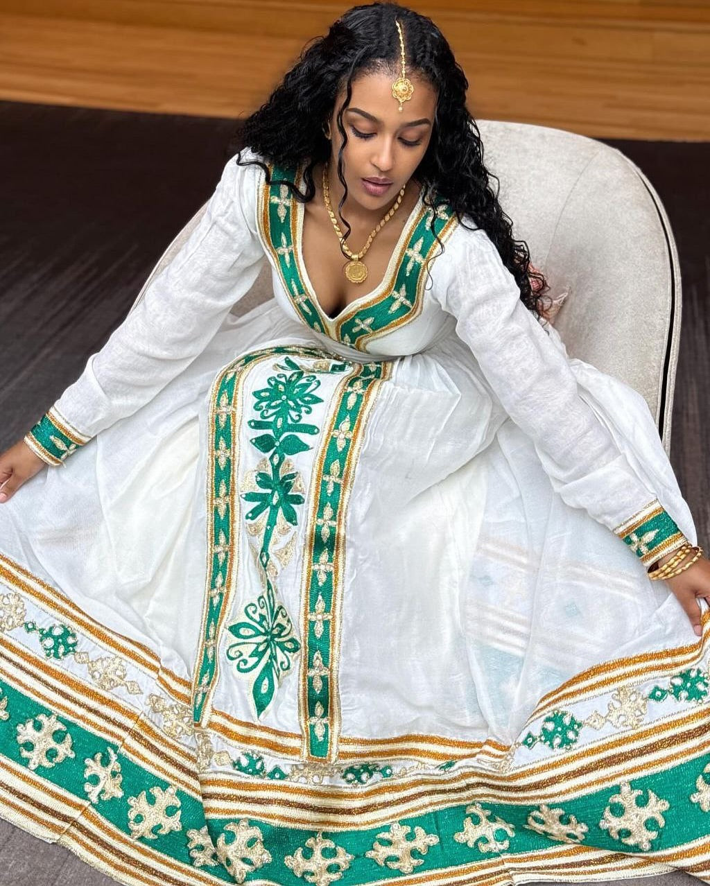 Stylish Habesha Kemis with Green and Gold Embroidery – Eritrean Dress – Eritrean Traditional Clothing