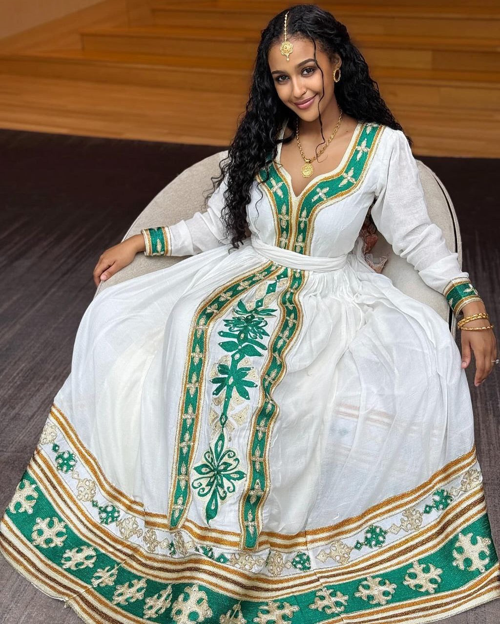 Stylish Habesha Kemis with Green and Gold Embroidery – Eritrean Dress – Eritrean Traditional Clothing
