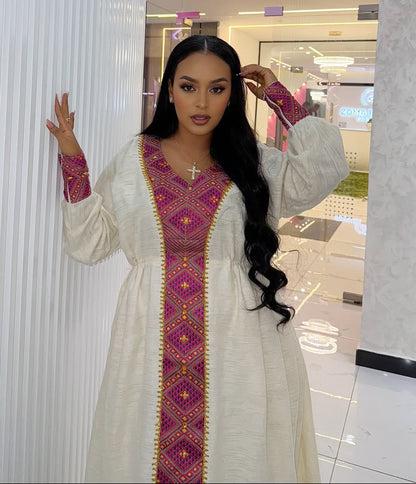 Elegant Habesha Dress with Vibrant Pink and Gold Embroidery – Habesha Kemis – Zuriya