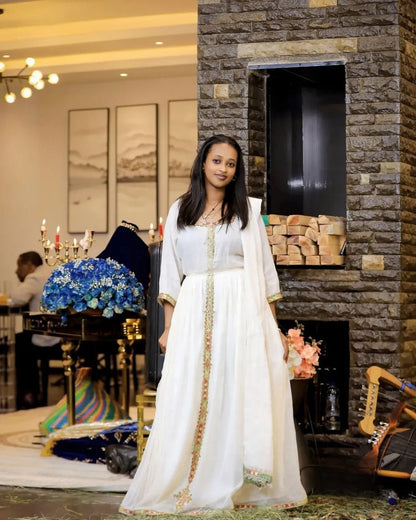 Simple Habesha Kemis with Gold and Colorful Embroidery – Eritrean Dress – Ethiopian Traditional Clothing
