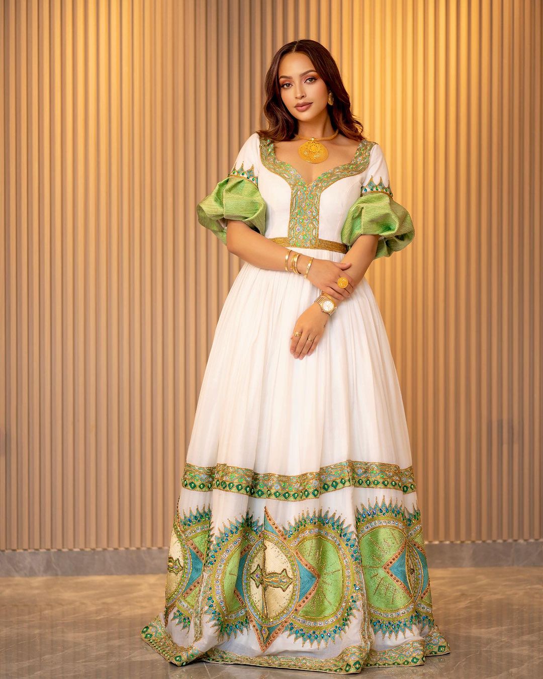 Handwoven full embroidery habesha dress for special occasions kemis in mesmerizing green colors habesha dress Ethiopian dress Eritrean dress