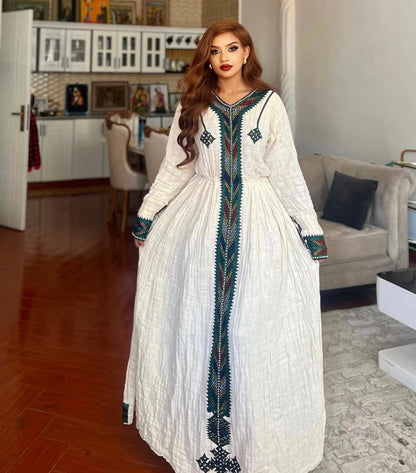 Majestic dark green fetil habesha dress silver beaded design habesha kemis