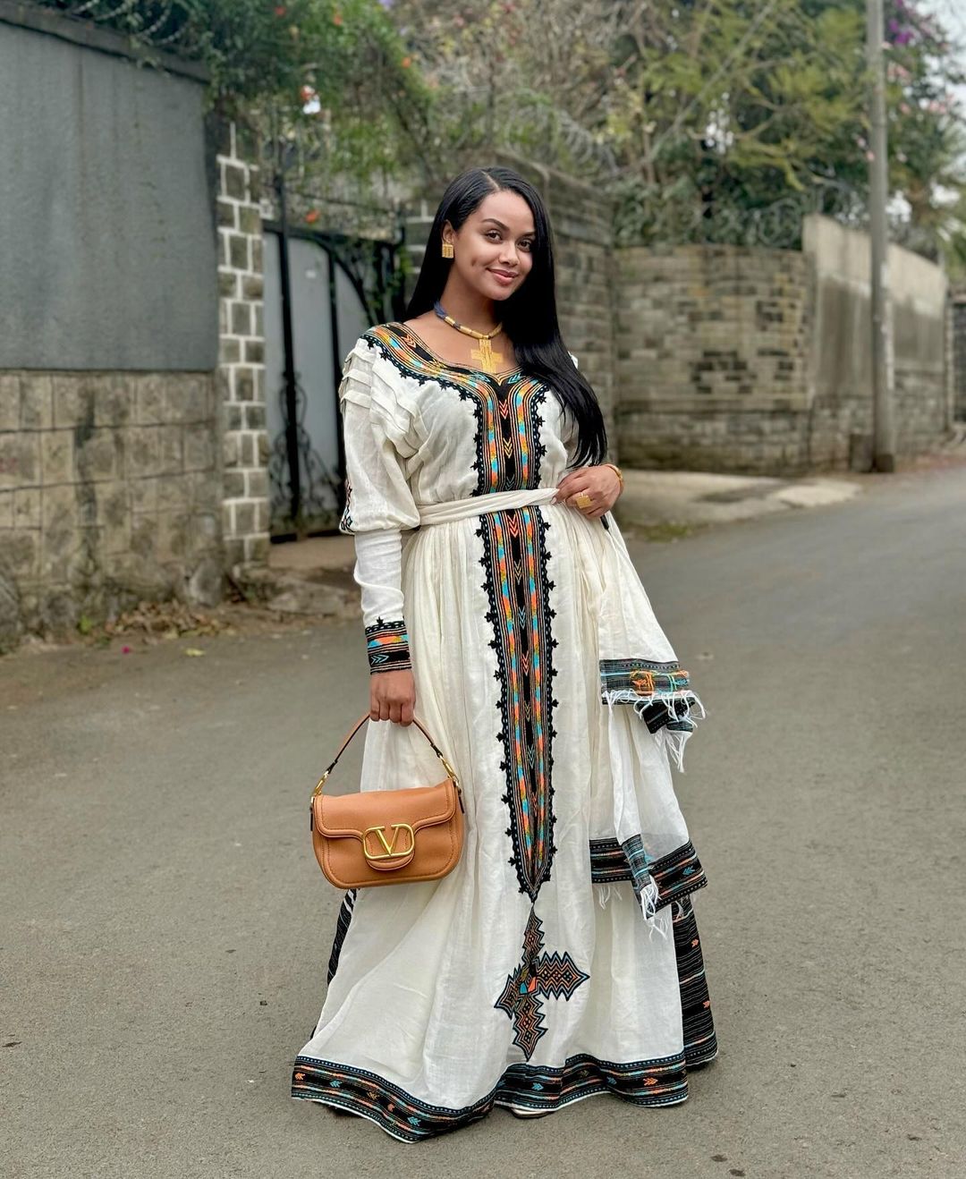 Mystic Elegance: Dark Patterned Habesha Dress in Menen Fabric Habesha Kemis