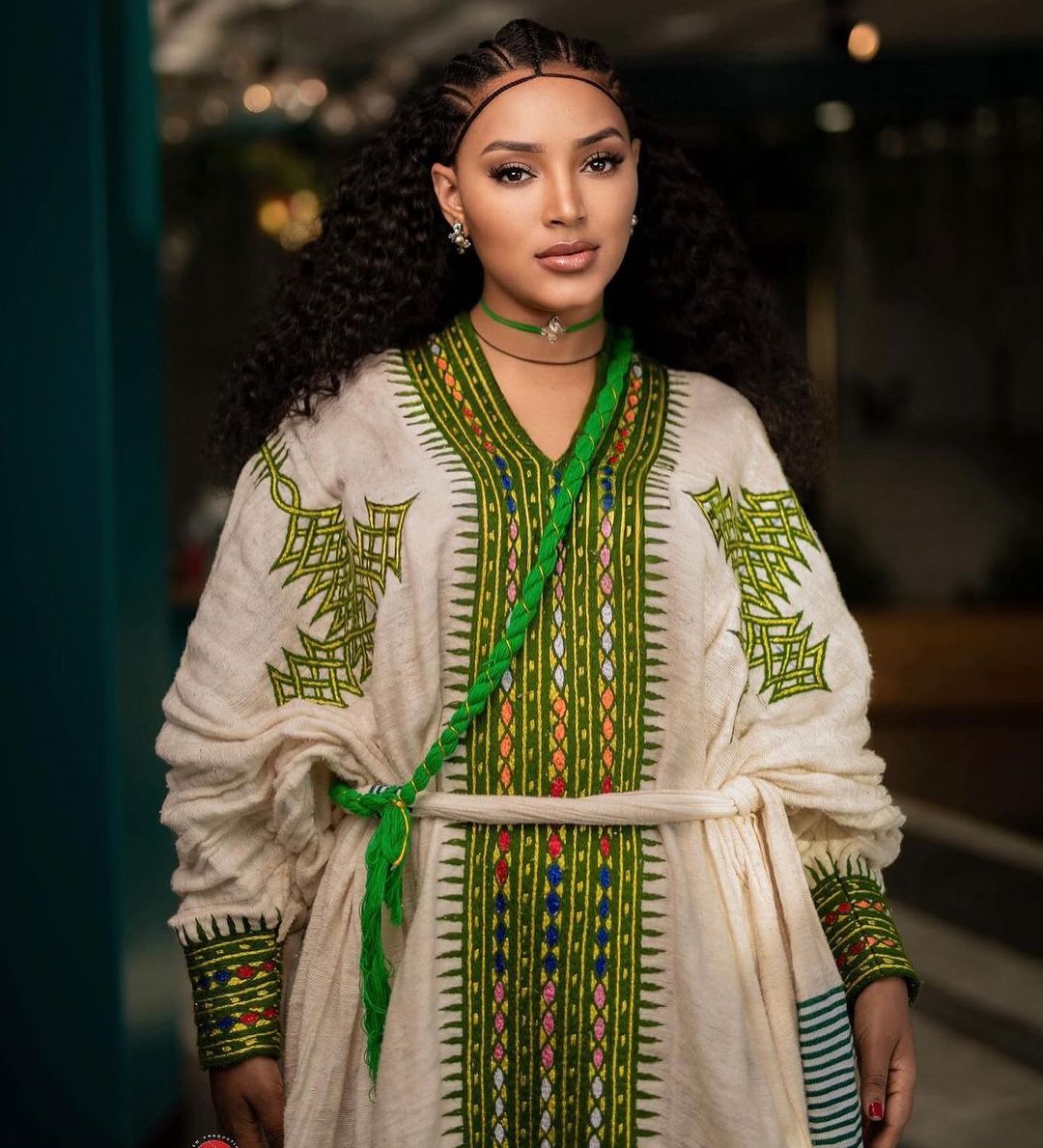 Verdant Elegance: Green Fetil Habesha Kemis with Intricate Patterns Habesha Dress