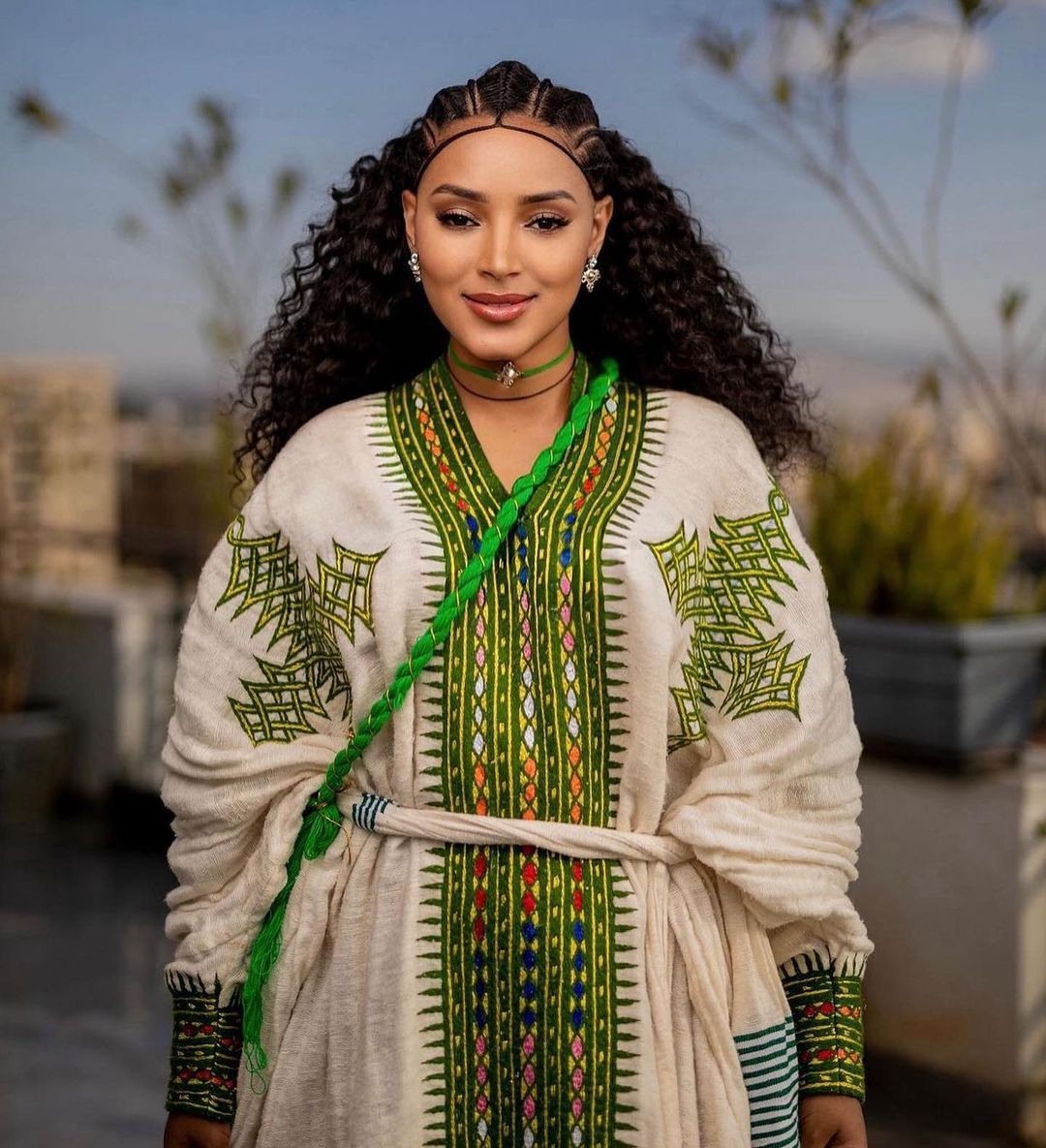 Verdant Elegance: Green Fetil Habesha Kemis with Intricate Patterns Habesha Dress