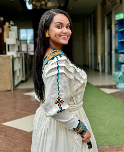 Mystic Elegance: Dark Patterned Habesha Dress in Menen Fabric Habesha Kemis