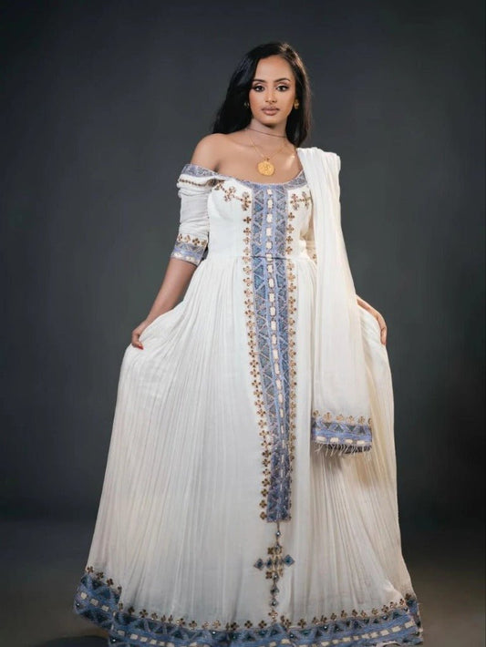 Stunning Habesha Kemis with Blue and Gold Accents – Eritrean Dress – Cultural Dress
