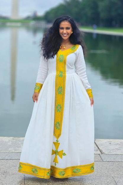 Graceful Habesha Dress with Yellow Embroidery – Habesha Kemis – Ethiopian Traditional Clothing
