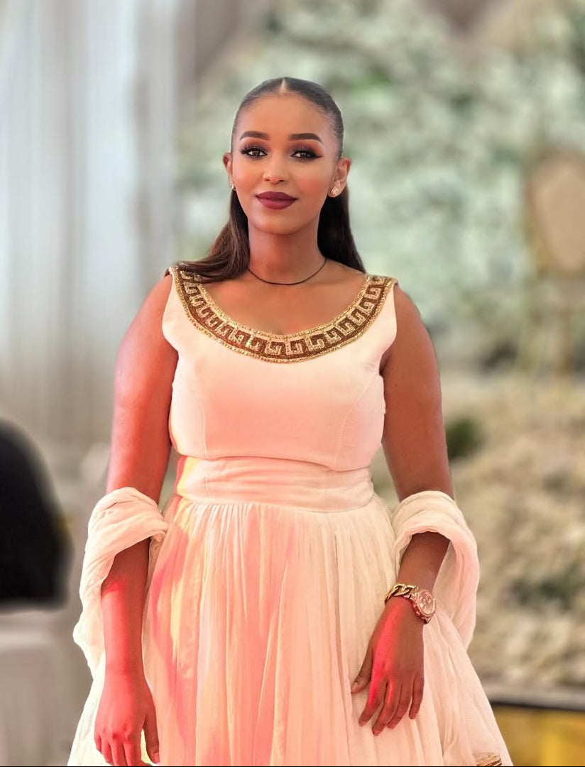 Simple Habesha Dress with Gold Accents – Ethiopian Traditional Clothing – Habesha Kemis