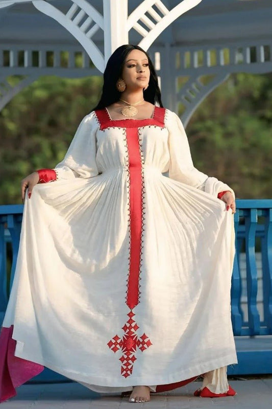 Elegant Habesha Kemis with Bold Red Embroidery for Celebrations: Traditional Ethiopian Dress
