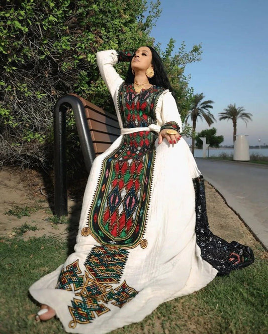 Vibrant Habesha Kemis with Geometric Embroidery for Special Occasion - Habesha Clothing - Eritrean Dress
