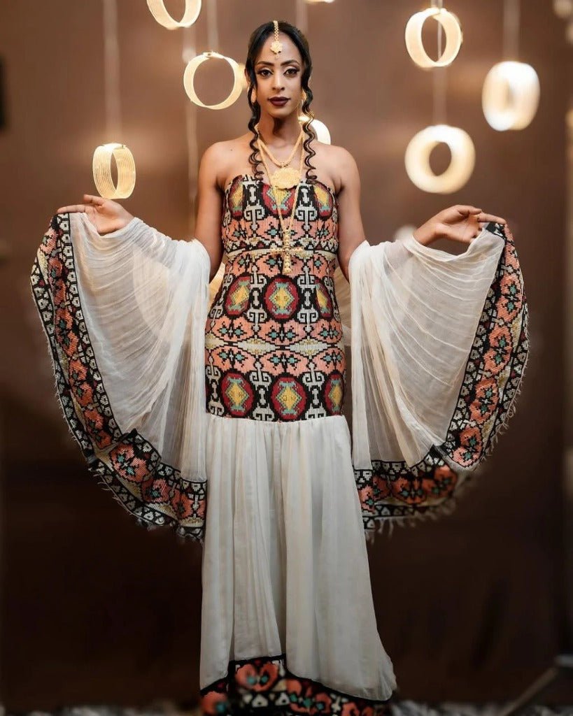 Unique Habesha Kemis with Sleeveless Design and Embroidery for Event - Modern Habesha Kemis - Ethiopian Clothing
