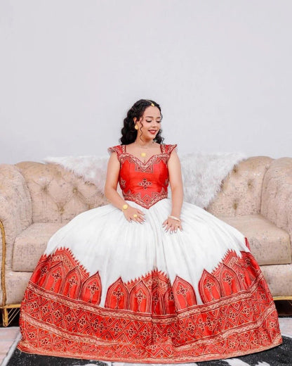 Matching Traditional Wedding Outfits with Red and Gold Accents Habesha Wedding Dress - Ethiopian Clothing