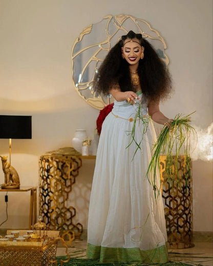 Simple Habesha Kemis with Green Accents – Traditional Ethiopian Dress – Habesha Clothing