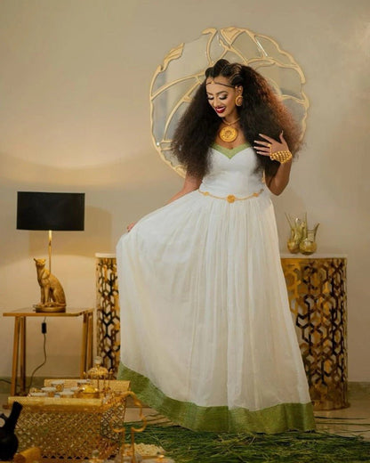 Simple Habesha Kemis with Green Accents – Traditional Ethiopian Dress – Habesha Clothing