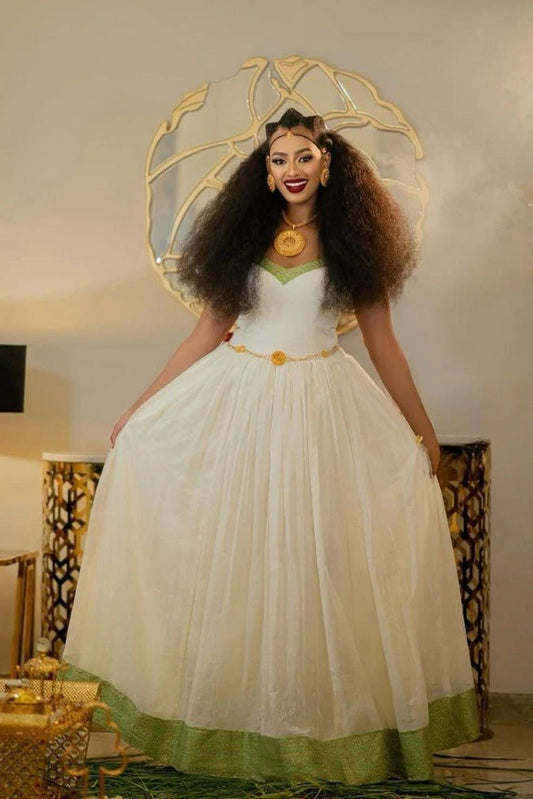 Simple Habesha Kemis with Green Accents – Traditional Ethiopian Dress – Habesha Clothing 
