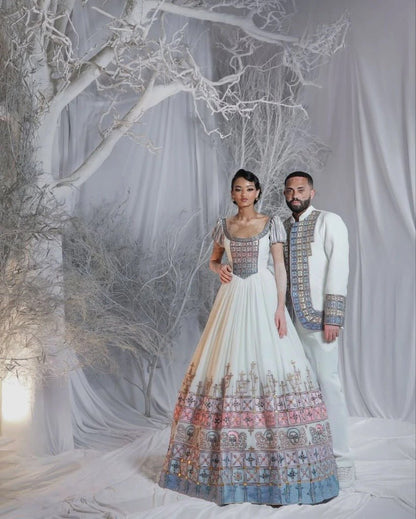 Glamorous Habesha Kemis with Pink Accents for Bride and Groom – Habesha Wedding Dress – Cultural Dress – Zuriya
