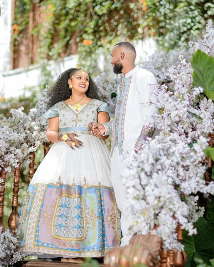 Beautiful Pastel Couples outfit – Zuriya - Habesha Kemis - Habesha Wedding Dress