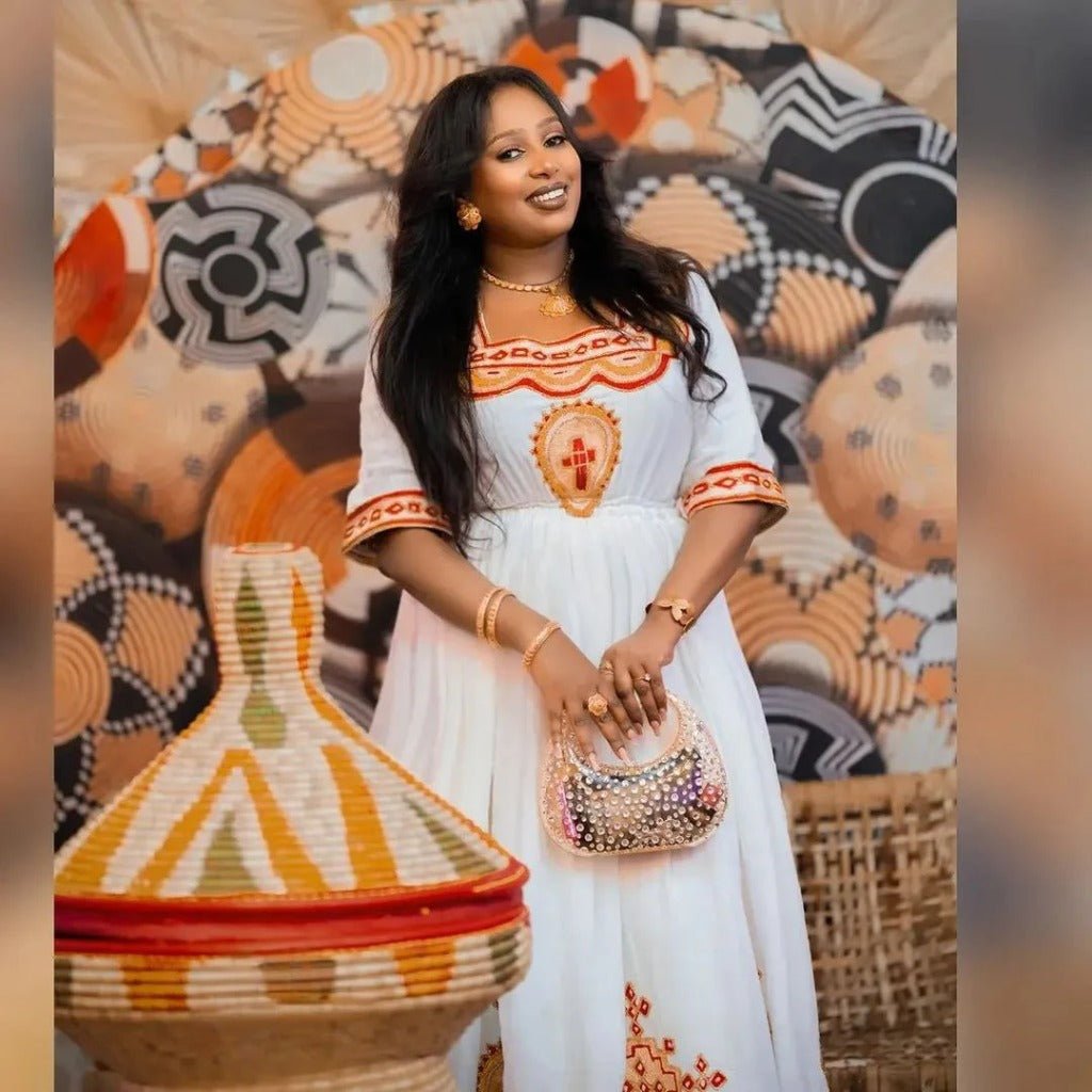 Elegant Habesha Kemis with Red Accents – Habesha Dress – Eritrean Clothing – Habesha Clothing