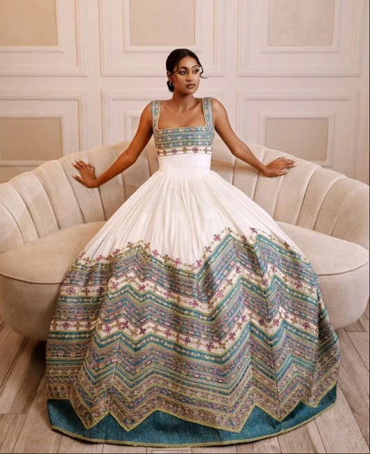 Exquisite Ethiopian Wedding Dress with Colorful Embroidery – Habesha Kemis – Cultural Dress – Eritrean Wedding Dress