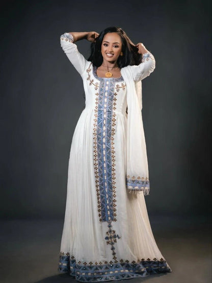 Stunning Habesha Kemis with Blue and Gold Accents – Eritrean Dress – Cultural Dress