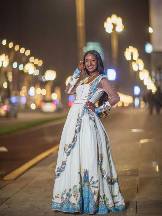Beautiful Wedding Habesha Kemis with Blue and Gold Embroidery – Habesha Dress – Ethiopian Wedding Dress
