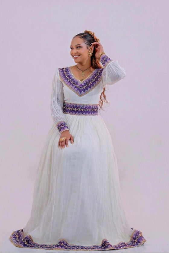 Gorgeous Habesha Kemis with Purple Embroidery – Habesha Dress – Ethiopian Traditional Clothing
