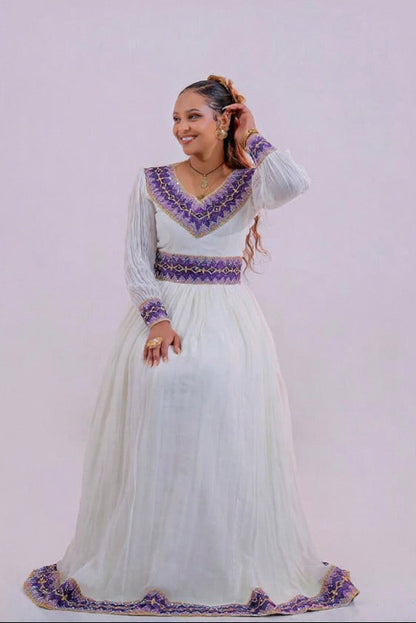 Gorgeous Habesha Kemis with Purple Embroidery – Habesha Dress – Ethiopian Traditional Clothing
