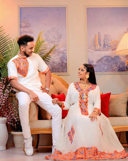 Charming Couples Outfit with Orange and Blue Embroidery for Wedding Celebration