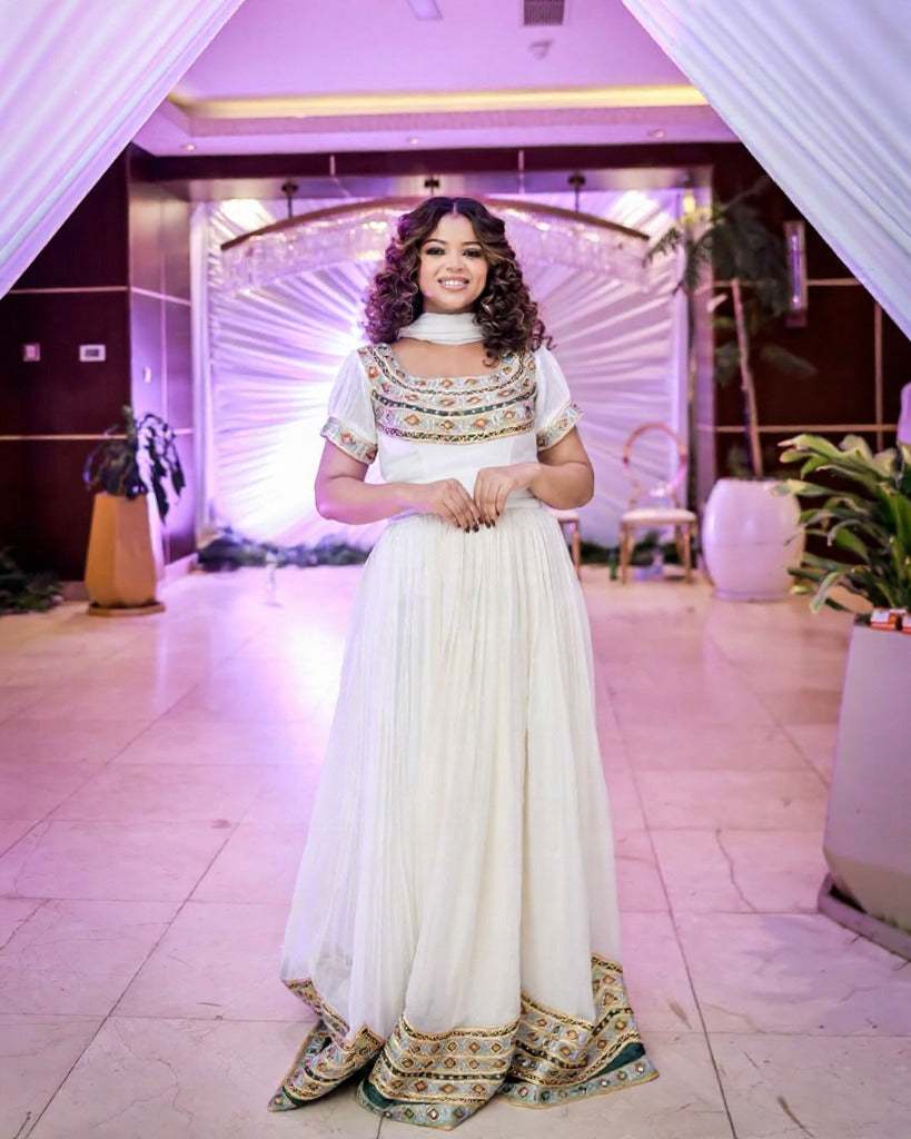 Elegant Habesha Dress with Green and Gold Embroidery – Habesha Kemis – Ethiopian Traditional Clothing
