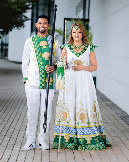 Traditional Ethiopian Couple Outfit with Green and Gold Embroidery – Ethiopian Wedding Dress – Habesha Clothing
