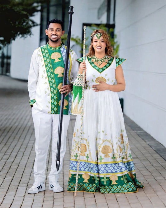 Traditional Ethiopian Couple Outfit with Green and Gold Embroidery – Ethiopian Wedding Dress – Habesha Clothing
