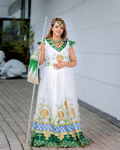 Traditional Oromo Wedding Couples' Outfit with Green and Gold Embroidery – Ethiopian Wedding Dress – Habesha Clothing