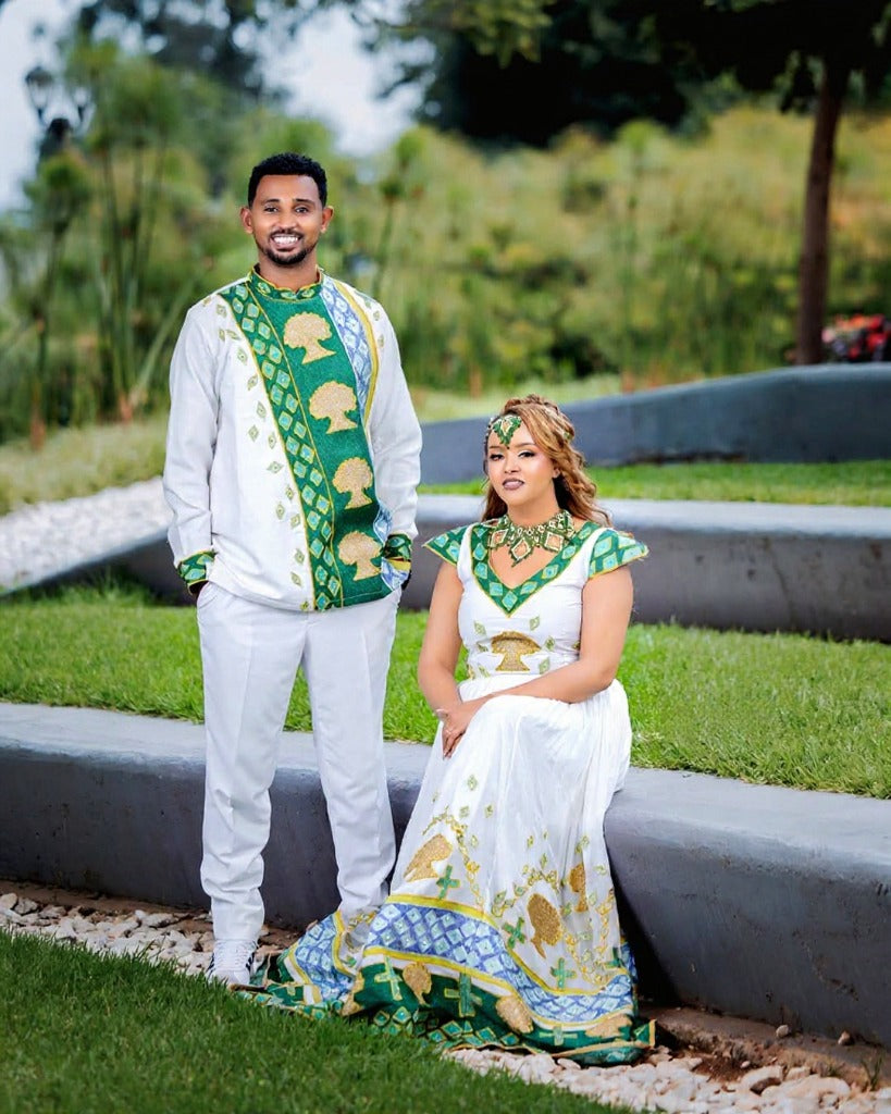Traditional Oromo Wedding Couples' Outfit with Green and Gold Embroidery – Ethiopian Wedding Dress – Habesha Clothing