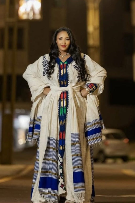 Elegant Habesha Kemis with Colorful Accents for Cultural Event