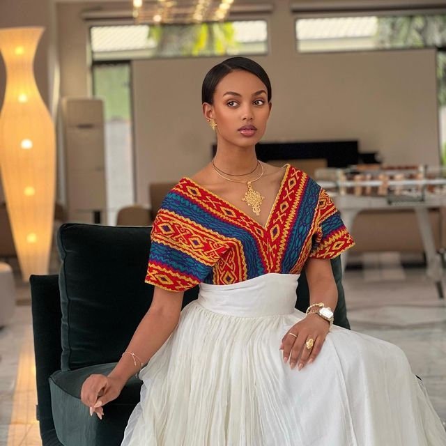 A Stunning Colorful Habesha Dress with a Full Embroidery Upper Part, Traditional Ethiopian Dress, Eritrean Dress, Menen, Handwoven