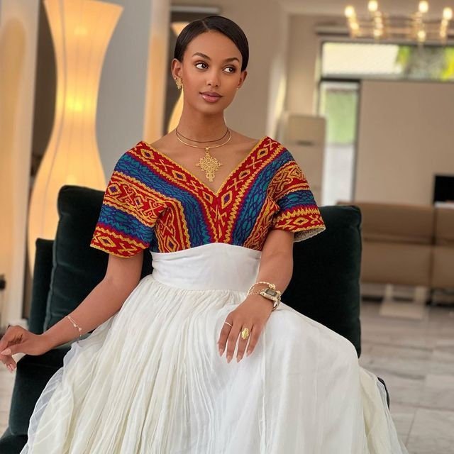 A Stunning Colorful Habesha Dress with a Full Embroidery Upper Part, Traditional Ethiopian Dress, Eritrean Dress, Menen, Handwoven