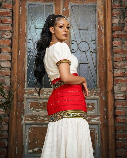 A Stunning Habesha Dress with Red Tilf Waistband