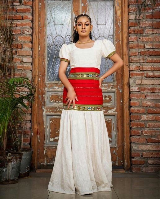 A Stunning Habesha Dress with Red Tilf Waistband