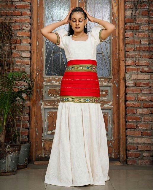 A Stunning Habesha Dress with Red Tilf Waistband