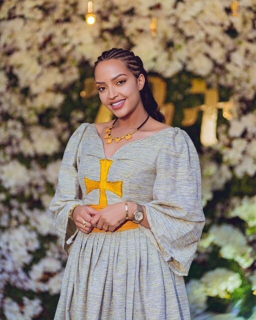 Handmade Elegance: A Stunning Ethiopian Dress with Yellow Cross Tilf