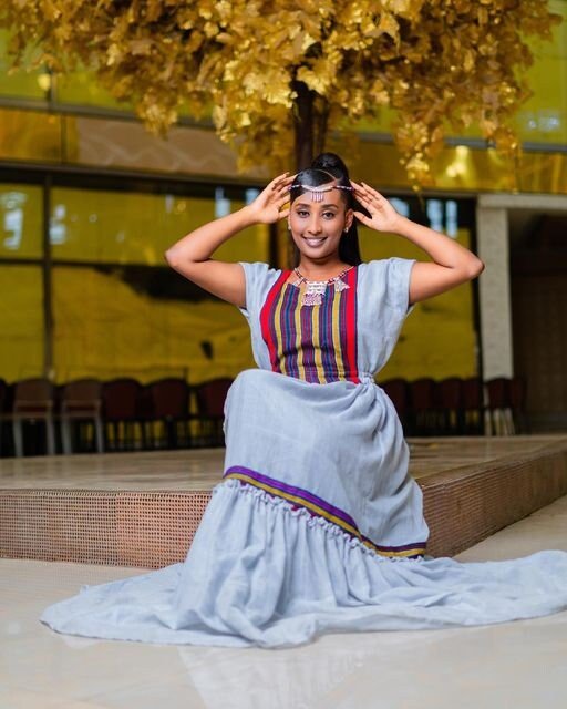 A Gorgeous Oromo Traditional Shimena Dress with Menen Fabric and Accessories