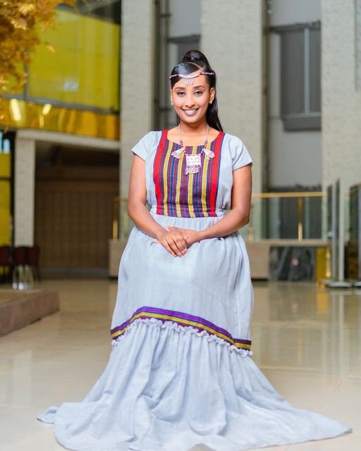 A Gorgeous Oromo Traditional Shimena Dress with Menen Fabric and Accessories