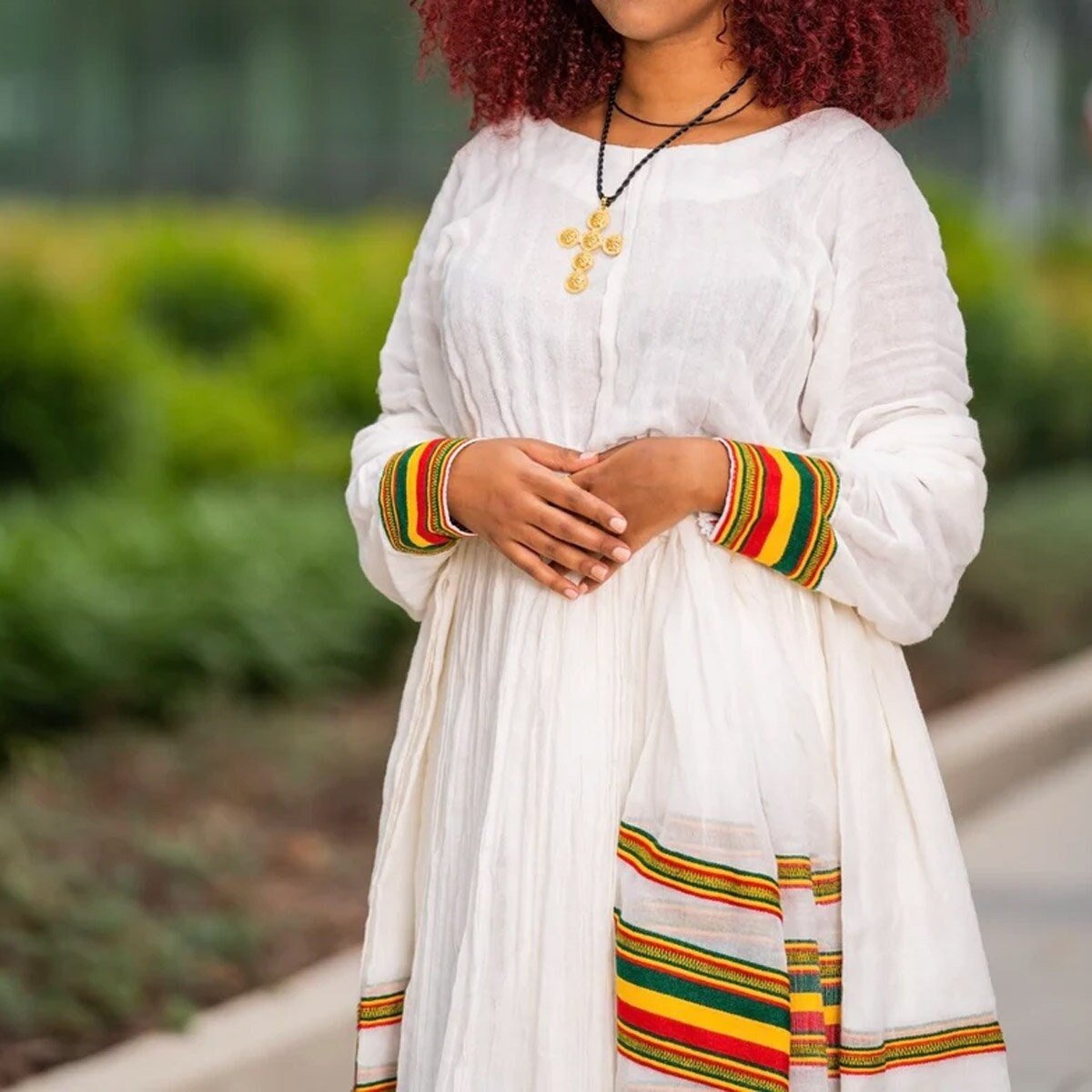 A Stunning Shimena Habesha Dress with Menen Fabric and Flag-Inspired Design, Habesha dress, Habesha kemis, Eritrean dress, Kemis, ሀበሻ