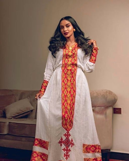 Modern Elegance: Shimena habesha Kemis with a Gorgeous Tilf Design and Menen Fabric, Habesha dress, Habesha kemis, ሀበሻ, Eritrean dress