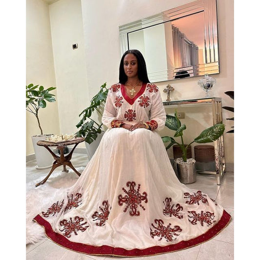 Vibrant Red Shimena Habesha Dress with Beautiful Tilf Design, Habesha dress, Habesha kemis, Eritrean dress, Kemis, ሀበሻ