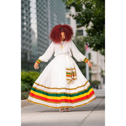 A Stunning Shimena Habesha Dress with Menen Fabric and Flag-Inspired Design, Habesha dress, Habesha kemis, Eritrean dress, Kemis, ሀበሻ